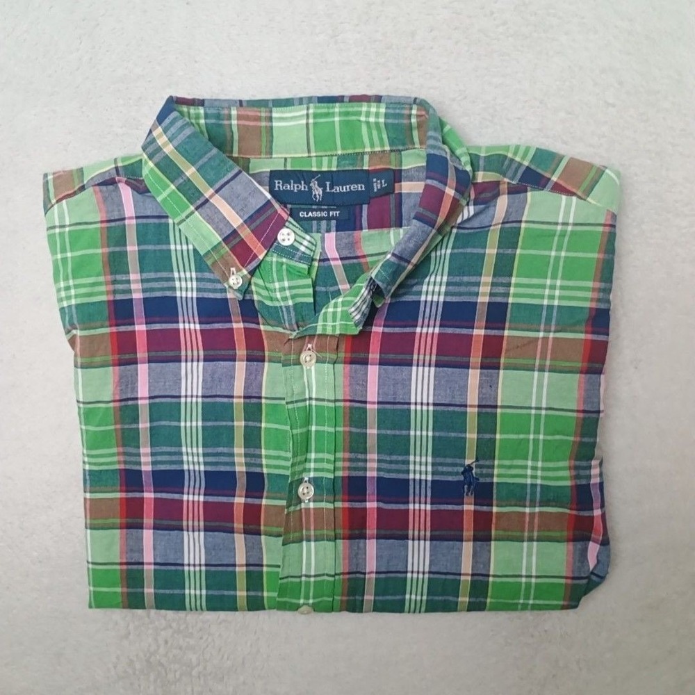Ralph Lauren Shirt Mens L Green Madras Plaid Button-Up Short Sleeve Classic Fit